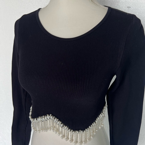 Zara Black Crop Top with Silver Beaded Fringe - Picture 4 of 11